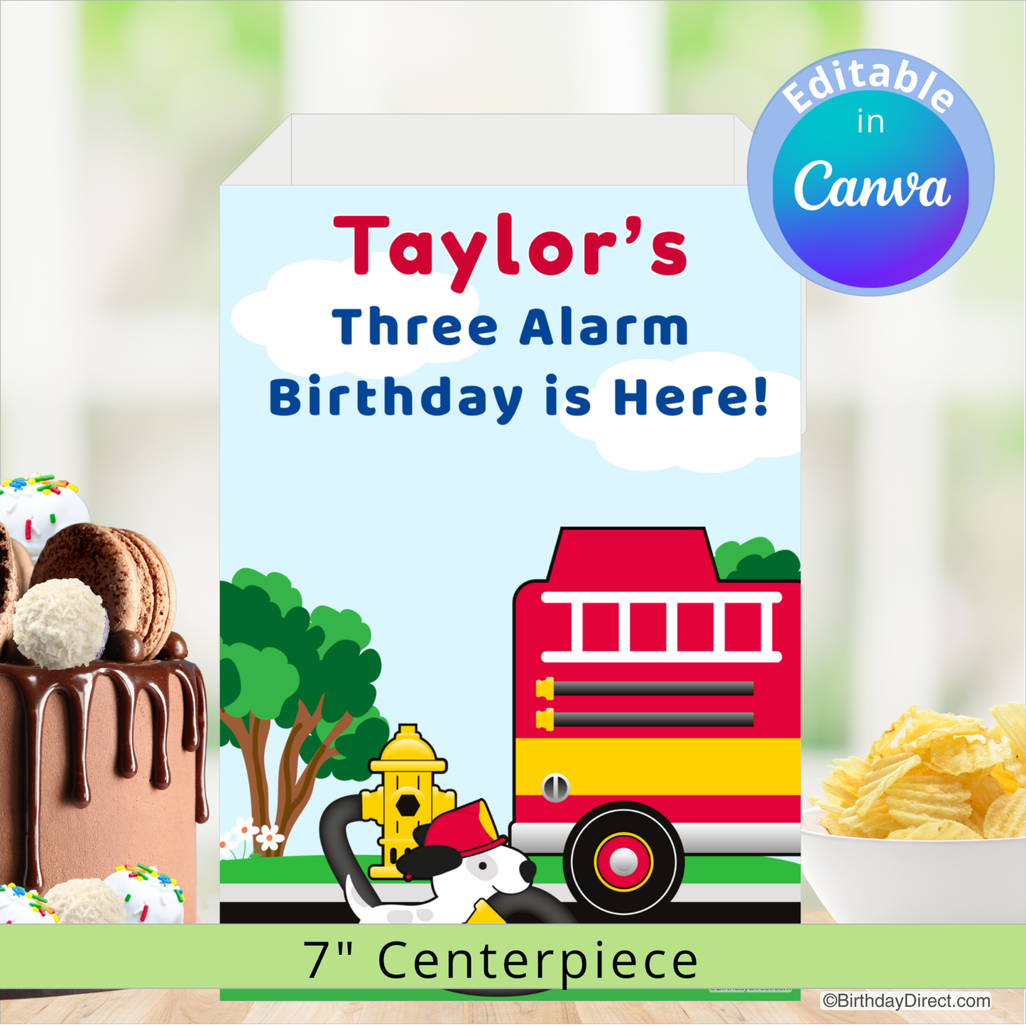 Fire truck-themed birthday centerpiece with text 'Taylor's Three Alarm Birthday is Here!' on a blurred background of cake and snacks.