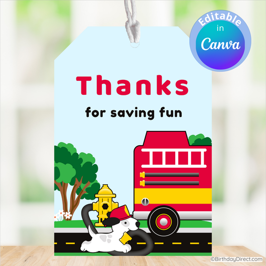 Gift tag with a fire truck, dog, and fire hydrant design, featuring the text 'Thanks for saving fun'.