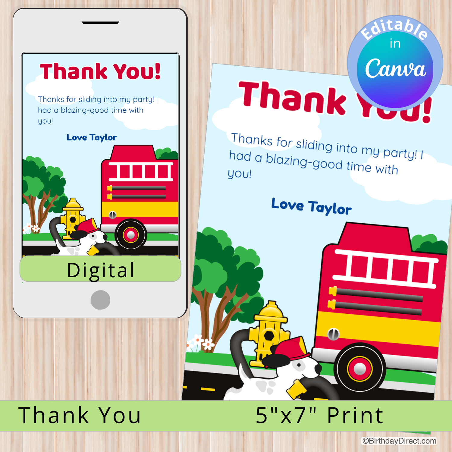 Children's party thank you card with fire truck and dog illustration on a digital and print format.