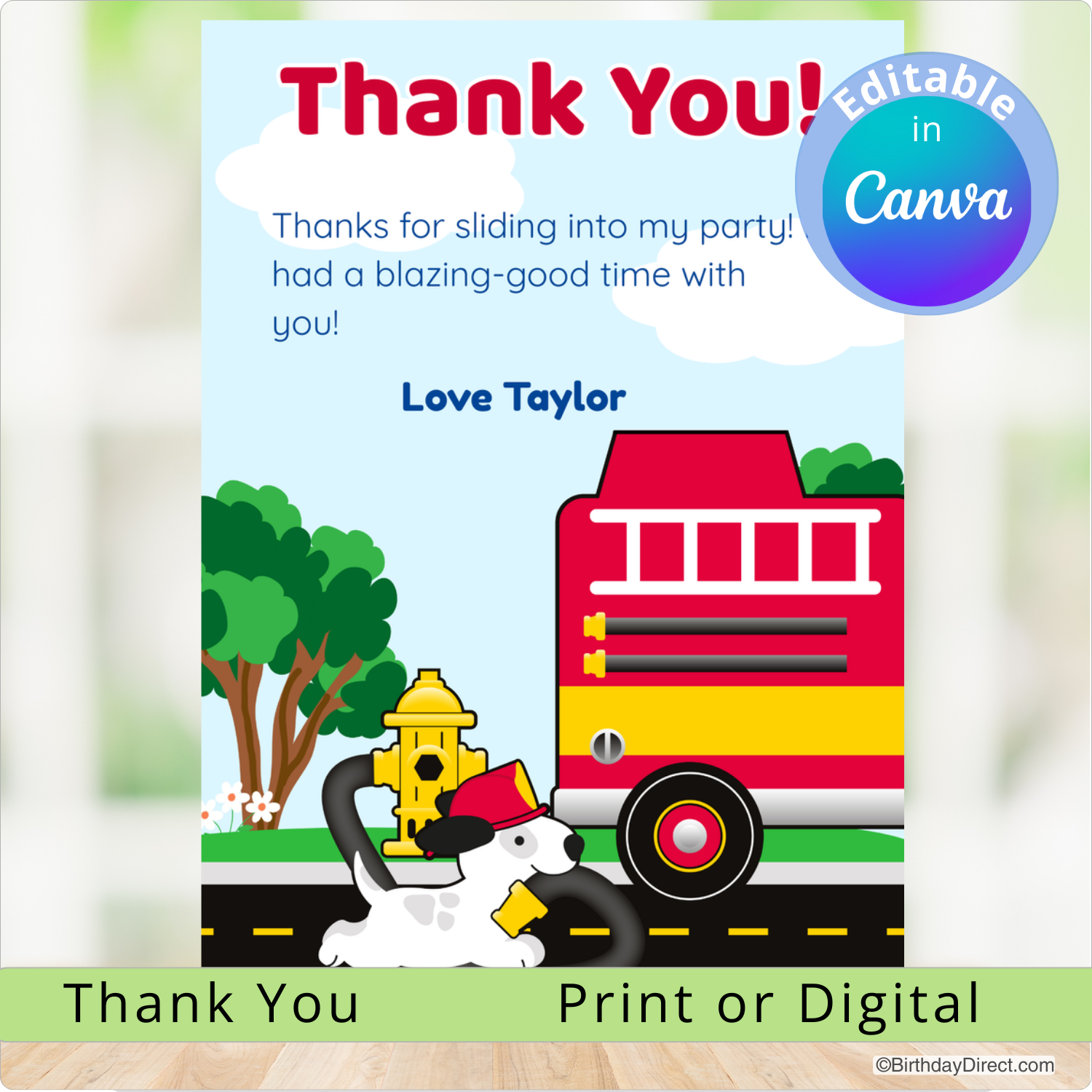 Children's party thank you card with a fire truck and dog illustration, featuring editable text in Canva.