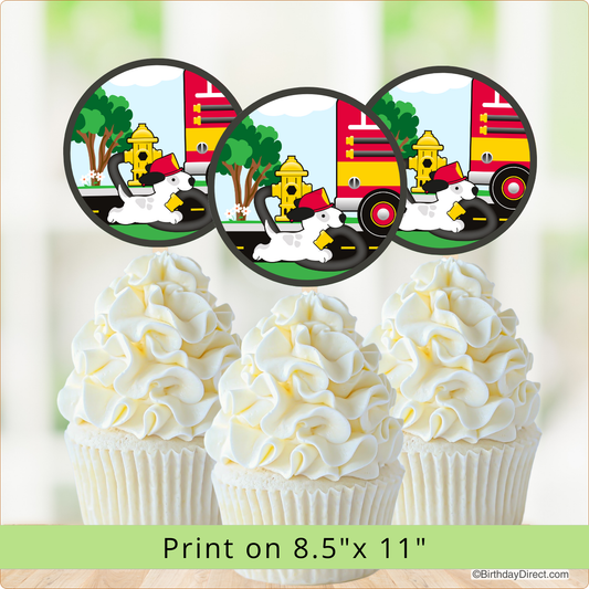Cupcakes with white frosting and a fire truck-themed topper on a light green background.