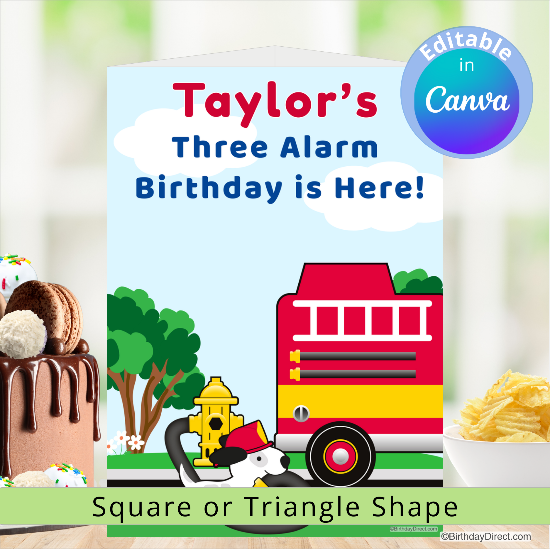 Birthday centerpiece decoration with a fire truck, dog, and cake on a white background