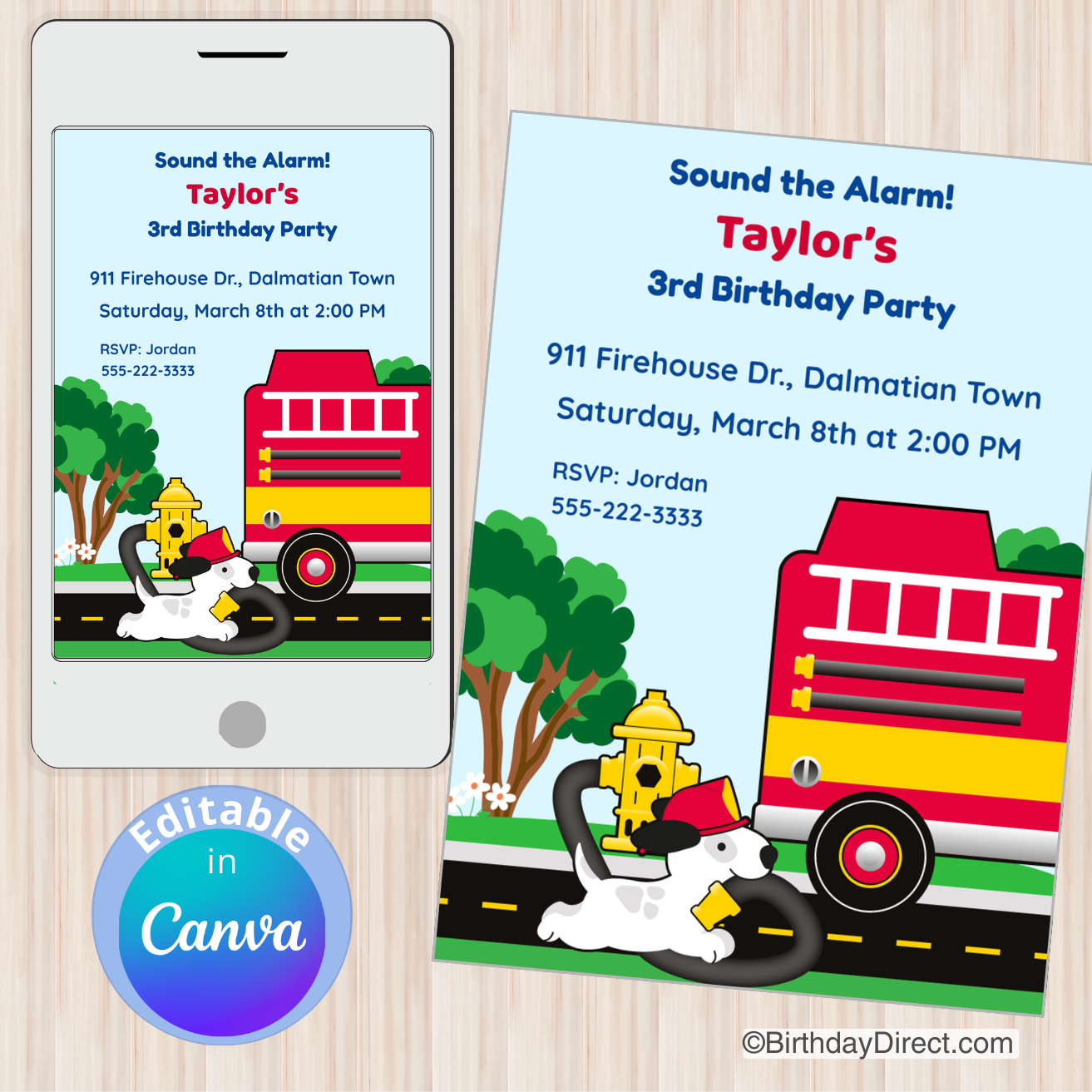 Fire truck birthday party invitation with editable text on a phone screen and paper background.
