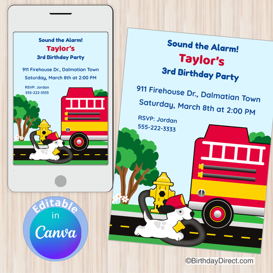 Fire truck birthday party invitation with editable text on a phone screen and paper background.