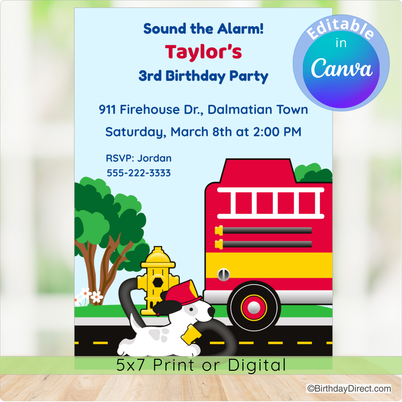 Firefighter-themed birthday party invitation with fire truck and dog graphic.