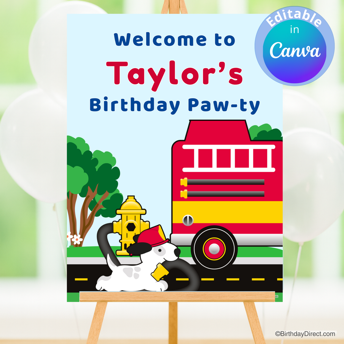 Birthday party poster with a fire truck and dog design, featuring the text 'Welcome to Taylor's Birthday Paw-ty'.