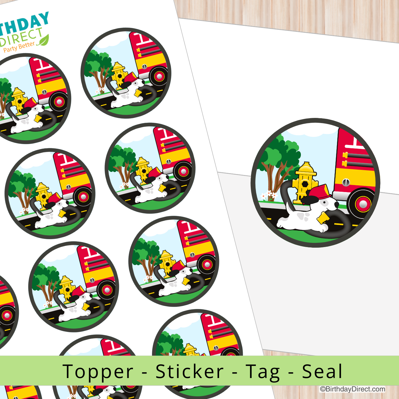 Circular stickers with a fire truck and dog design on a white background.
