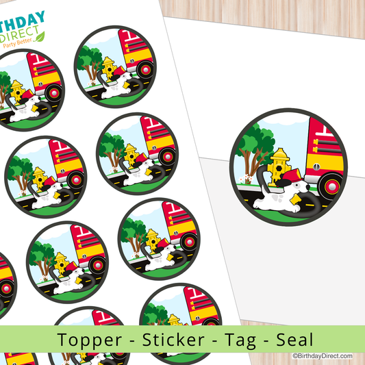 Circular stickers with a fire truck and dog design on a white background.