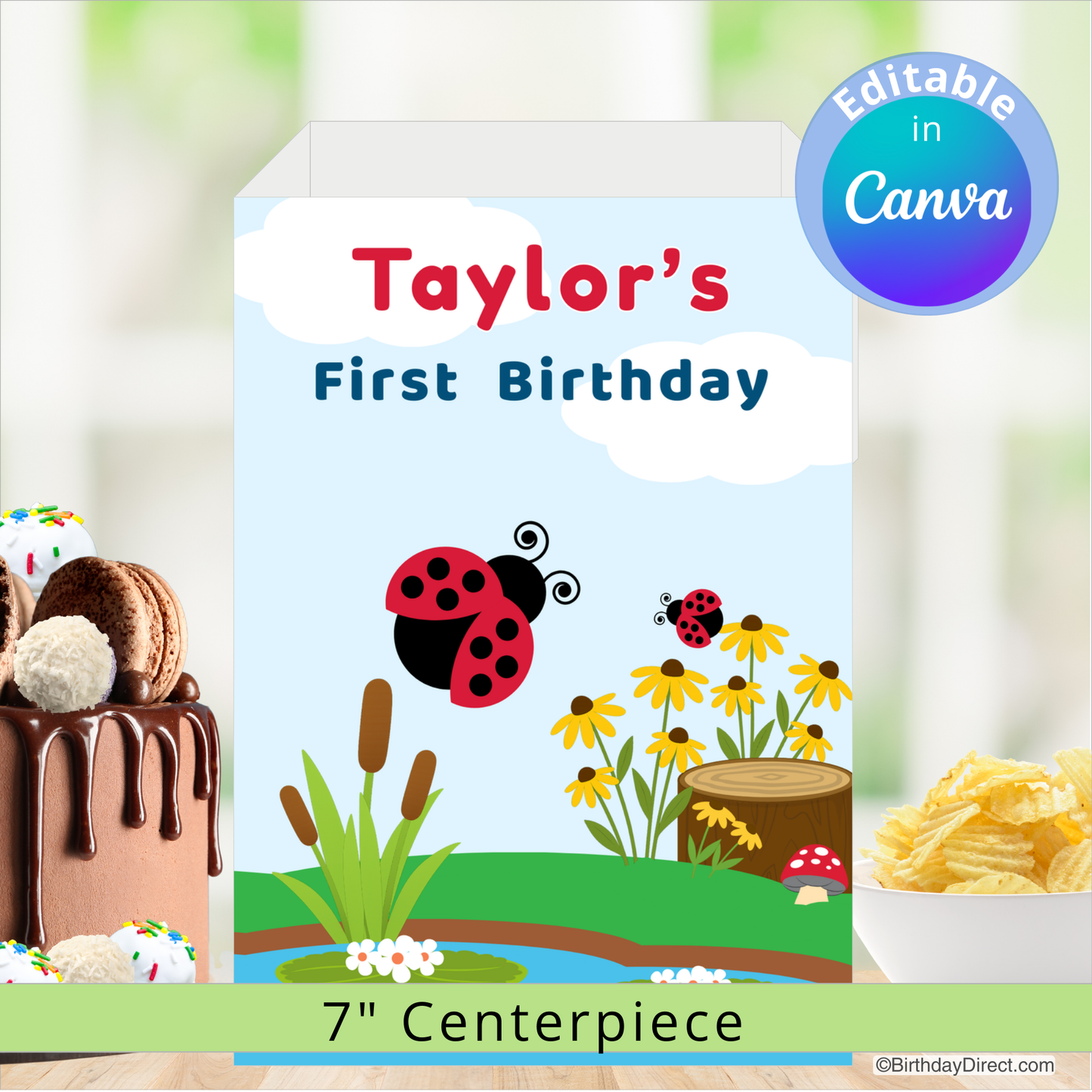 Personalized birthday centerpiece with ladybug design and editable text in Canva.