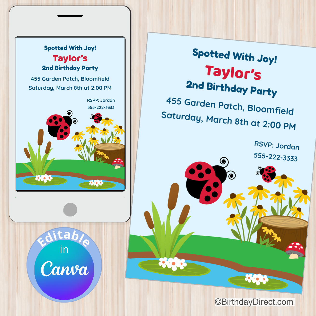 Birthday party invitation with ladybug design on a wooden surface, featuring Canva branding.