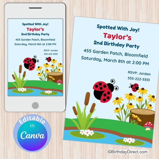 Birthday party invitation with ladybug design on a wooden surface, featuring Canva branding.