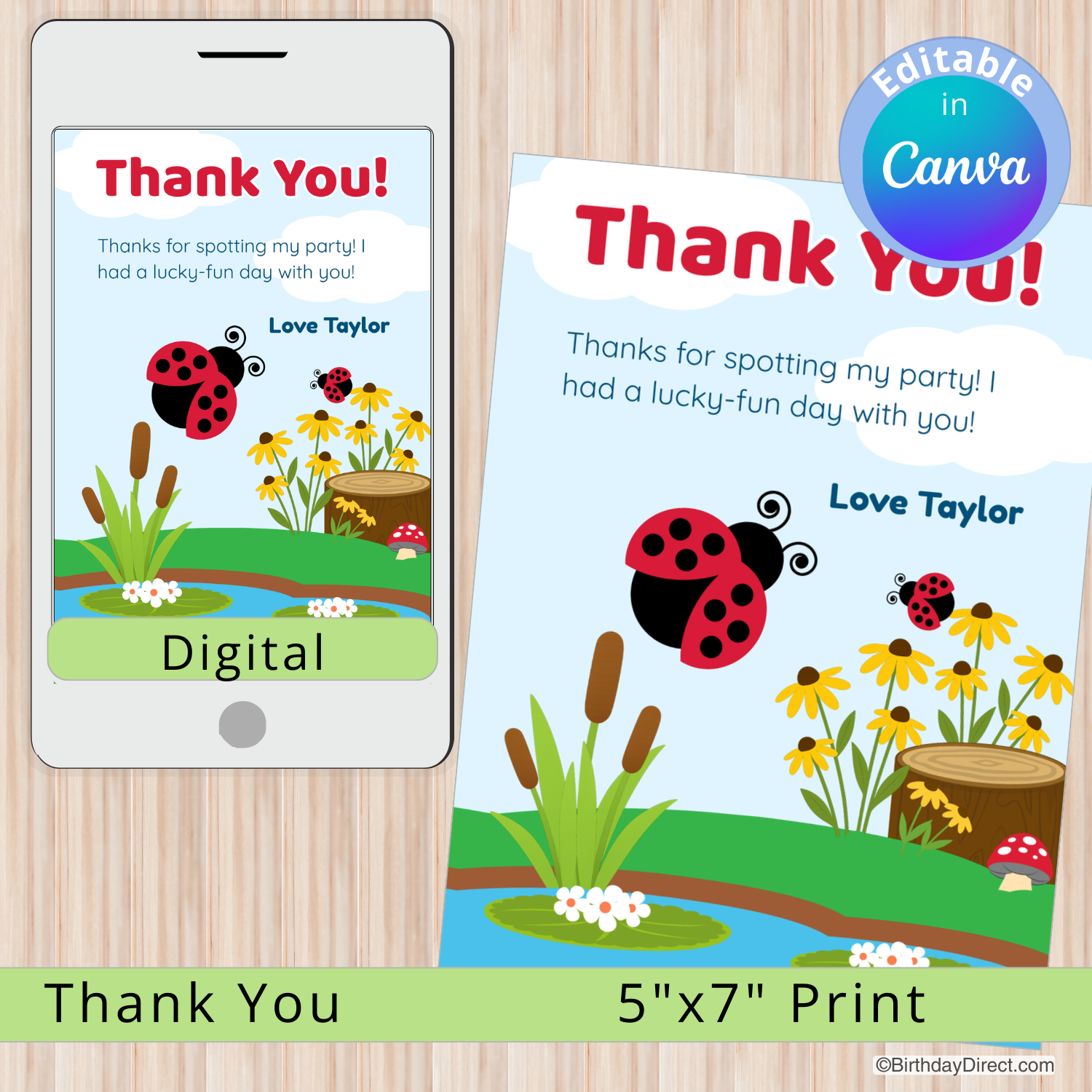 Digital and print versions of a 'Thank You' card with a ladybug design on a wooden surface.