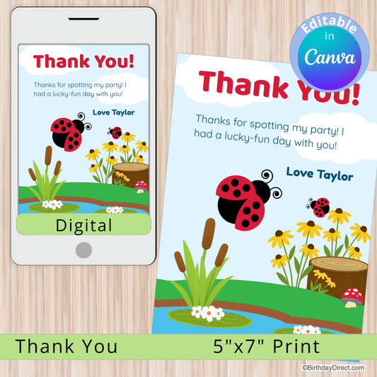 Digital and print versions of a 'Thank You' card with a ladybug design on a wooden surface.
