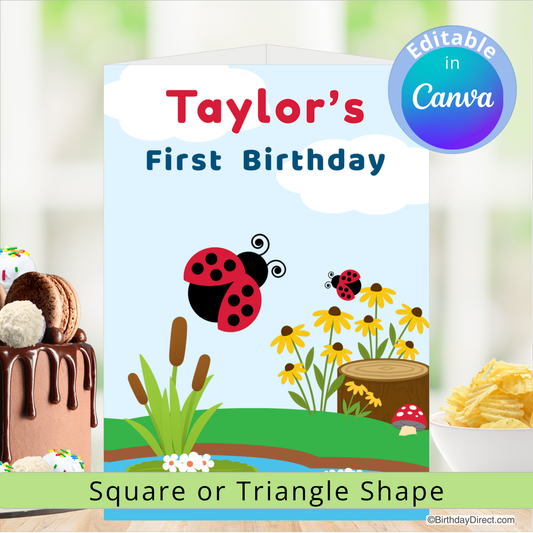 Birthday centerpiece decoration with a ladybug design and an editable text feature.