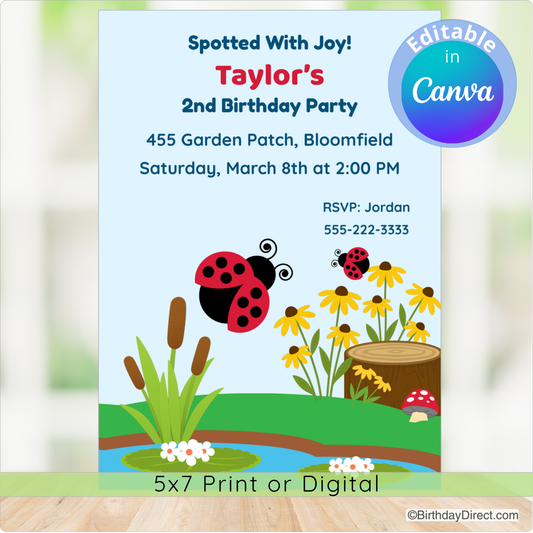 Birthday party invitation with ladybug design and editable text feature.