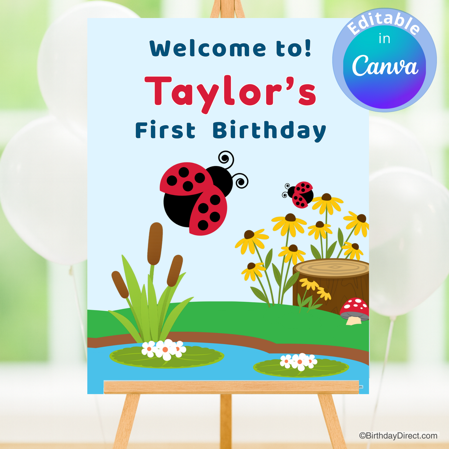 Birthday poster with ladybug and flowers on a blue background, displayed on an easel.