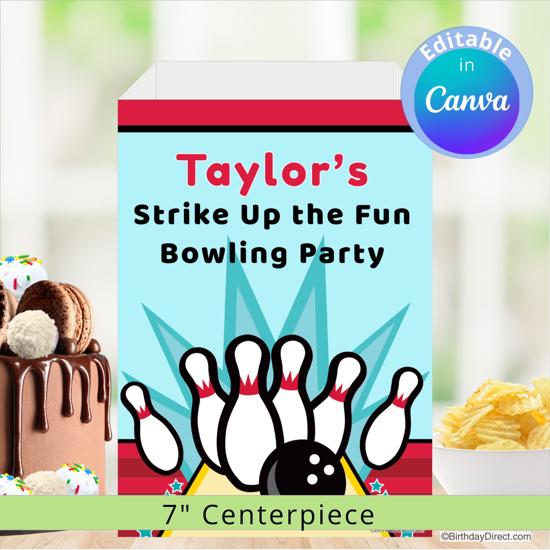 Bowling-themed party centerpiece with text 'Taylor's Strike Up the Fun Bowling Party' on a blurred background of snacks and a cake.
