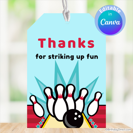 Gift tag with bowling design and text 'Thanks for striking up fun' on a blurred background