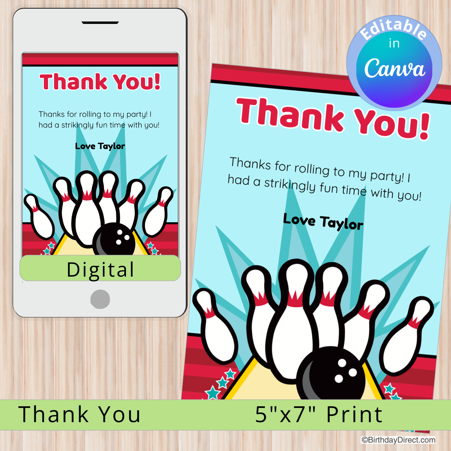 Bowling-themed thank you card with digital and print options on a phone screen.