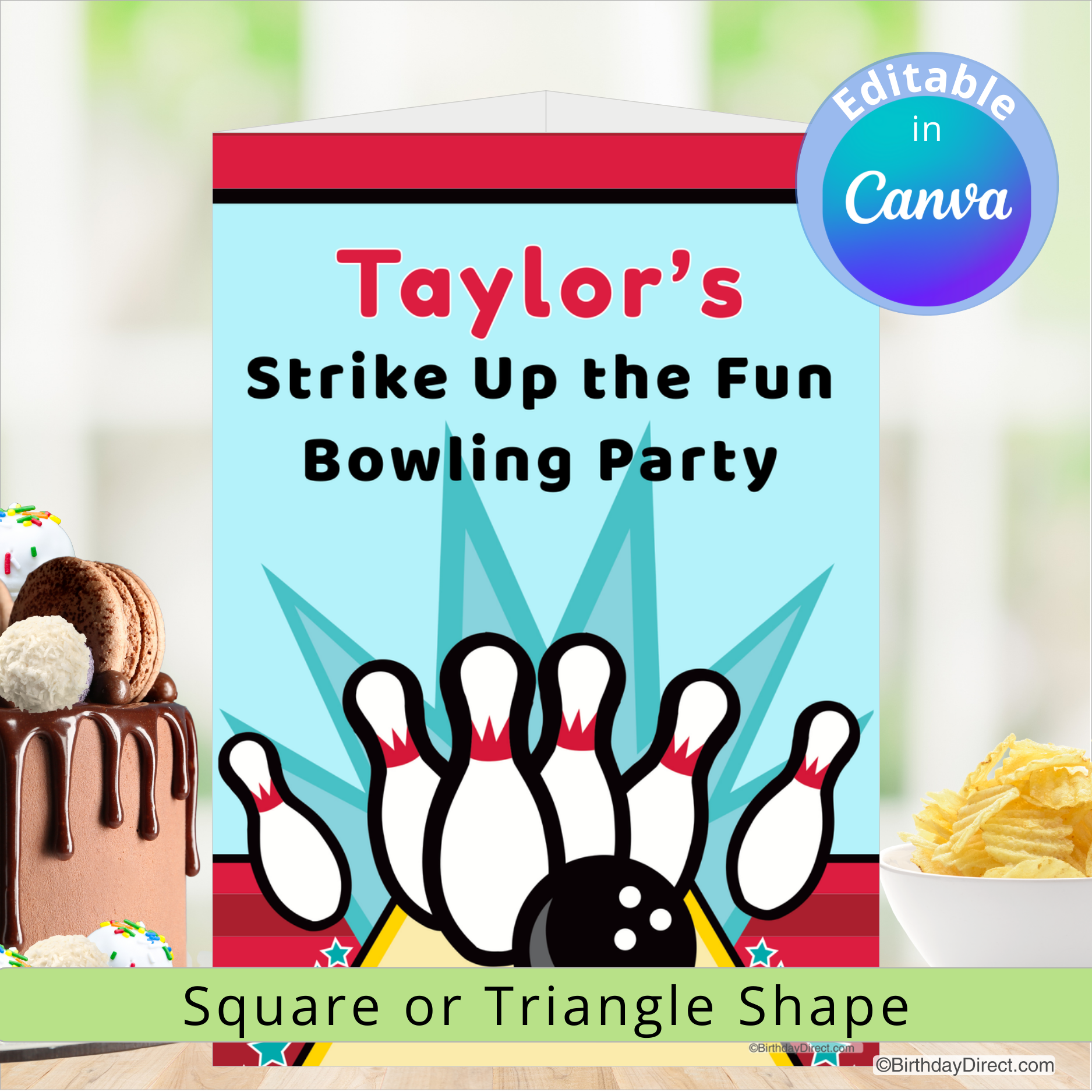 Birthday centerpiece decoration with bowling pins, a ball, and snacks on a colorful background.