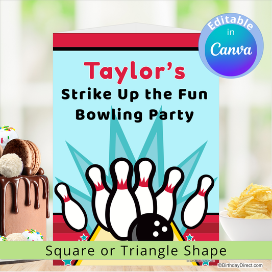 Birthday centerpiece decoration with bowling pins, a ball, and snacks on a colorful background.