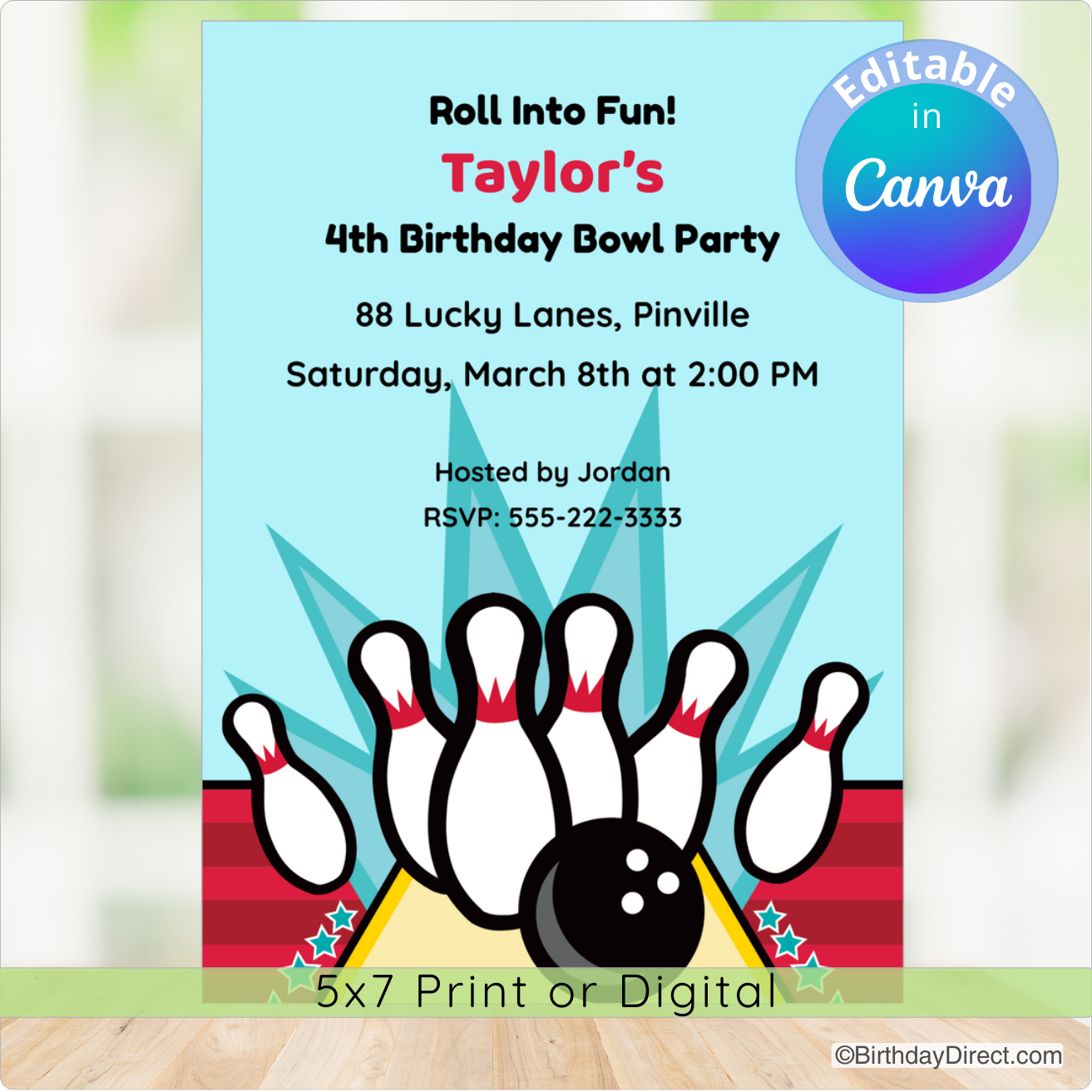 Birthday party invitation for a bowling-themed event with a blue background and bowling pins design.