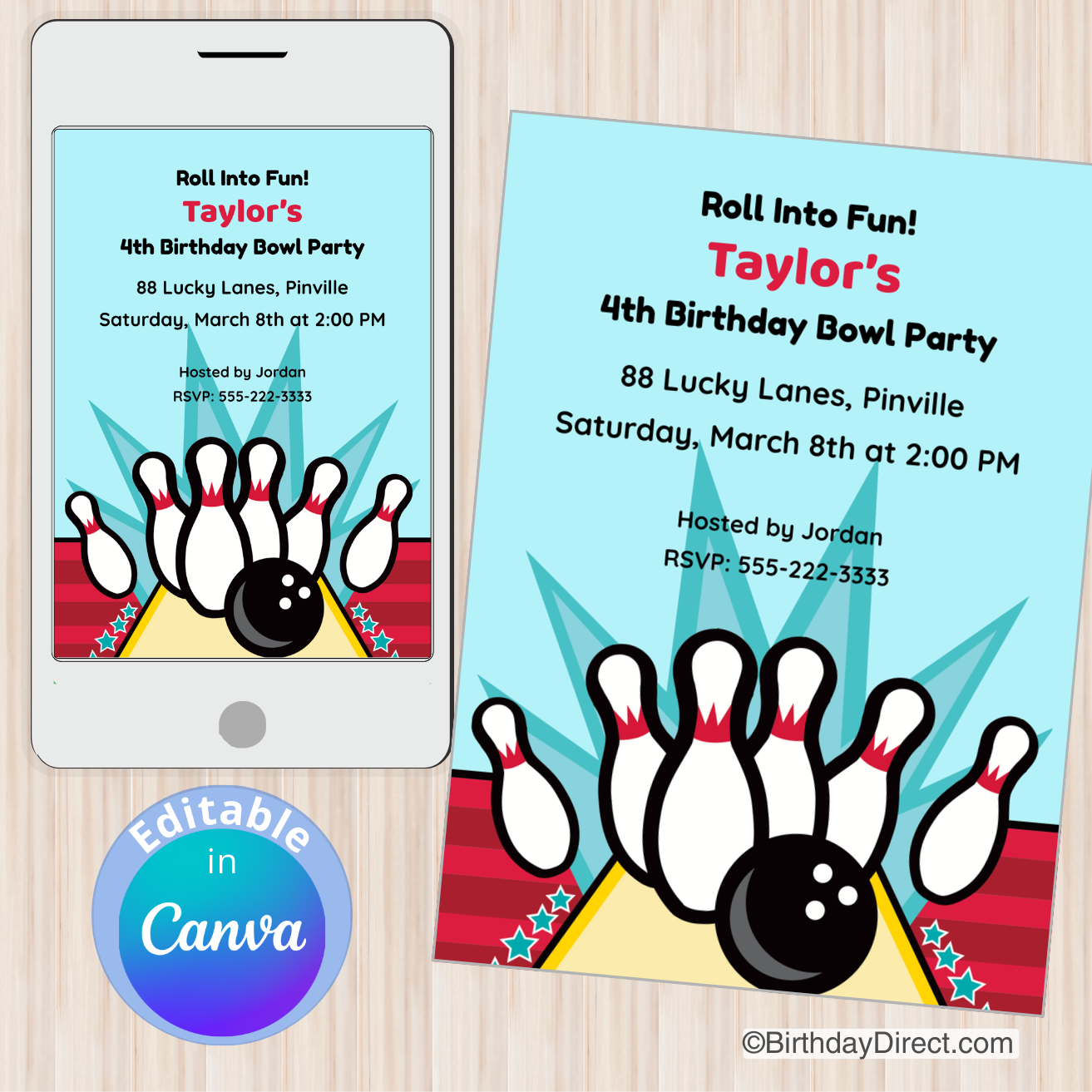 Bowling-themed birthday party invitation on a smartphone and paper with 'BirthdayDirect.com' branding.