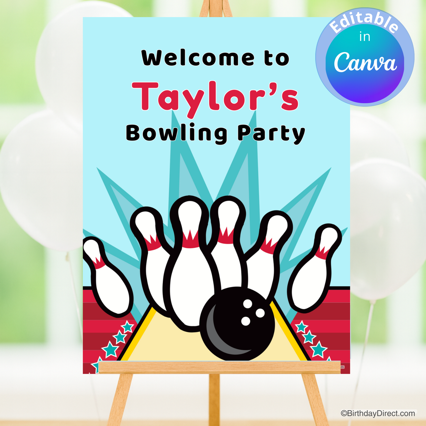 Bowling party poster with a colorful design on a stand