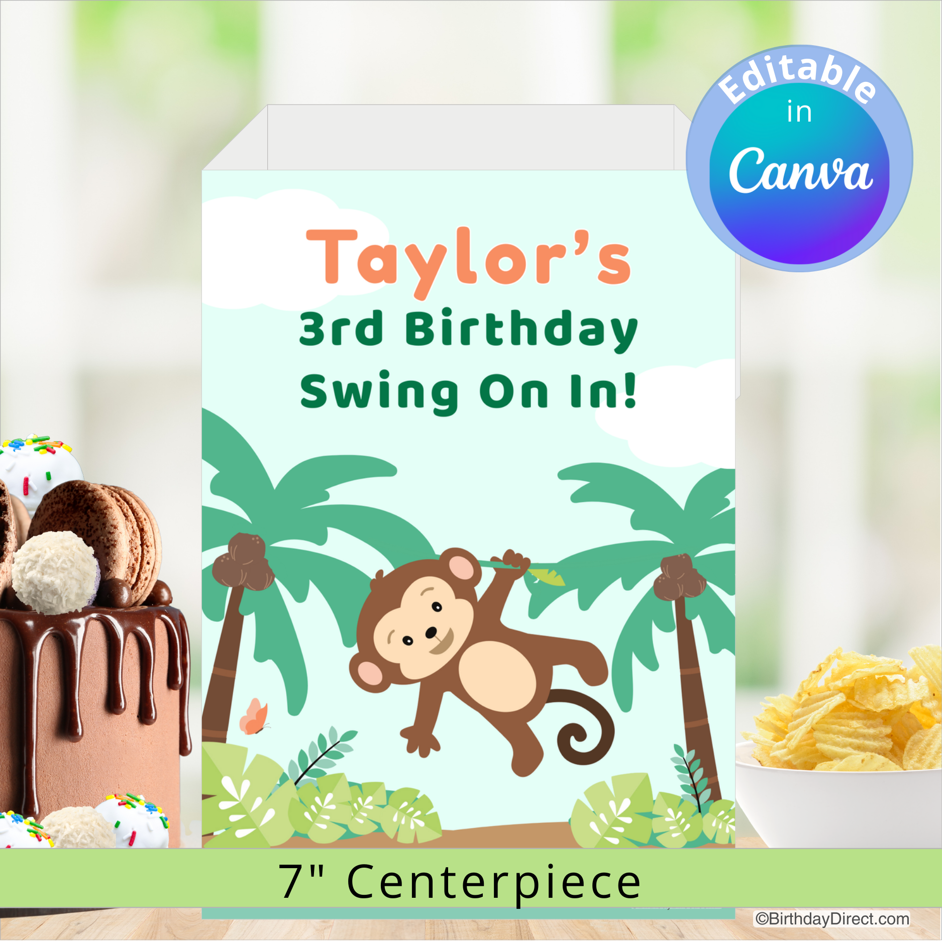 Birthday centerpiece decoration with monkey theme and editable text in Canva.