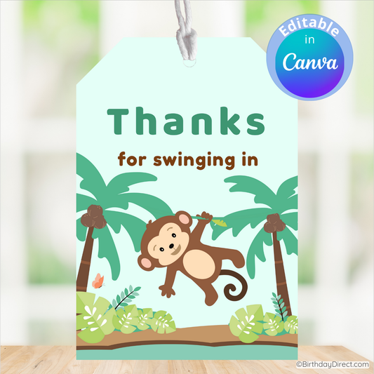 Card with a monkey and palm trees design, featuring the text 'Thanks for swinging in'.
