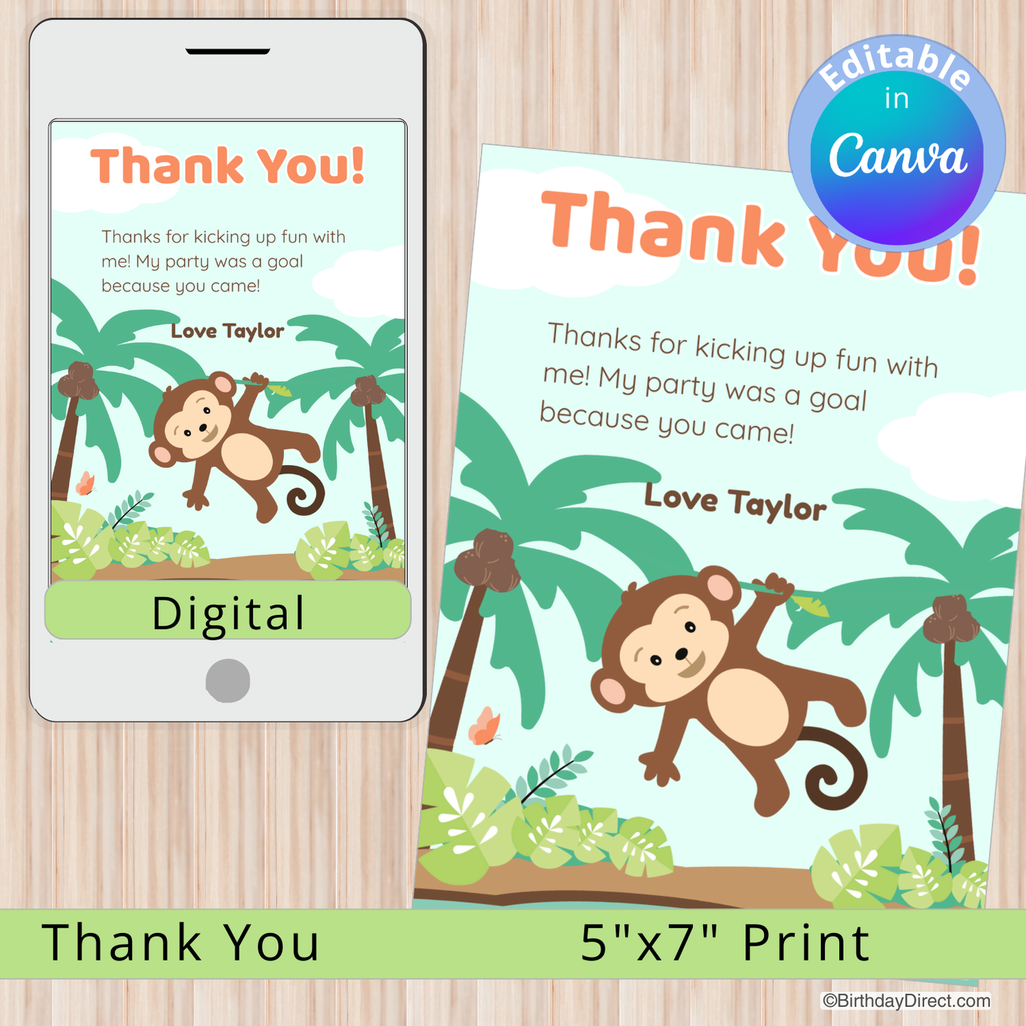 Jungle-themed thank you card with monkey and palm trees, displayed on a phone and paper.