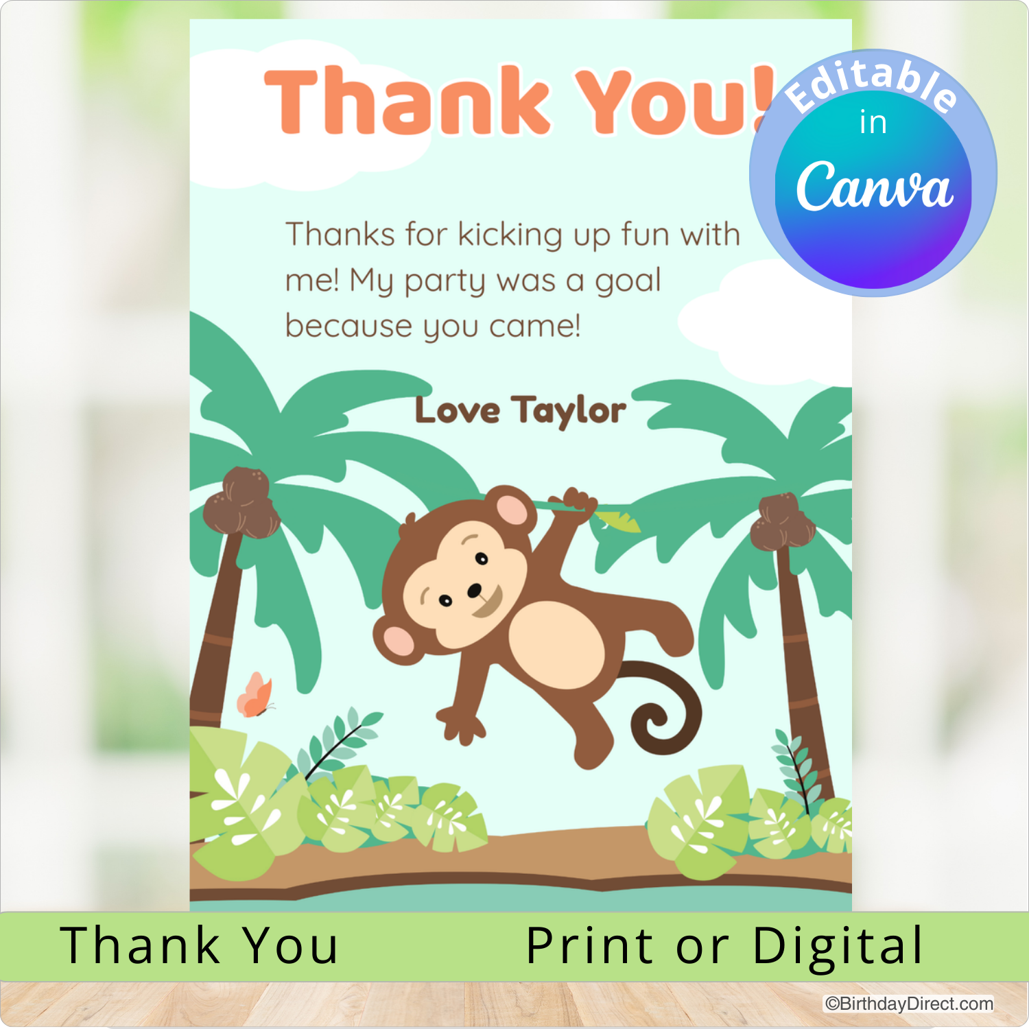 Children's thank you card with monkey and palm trees, editable in Canva.