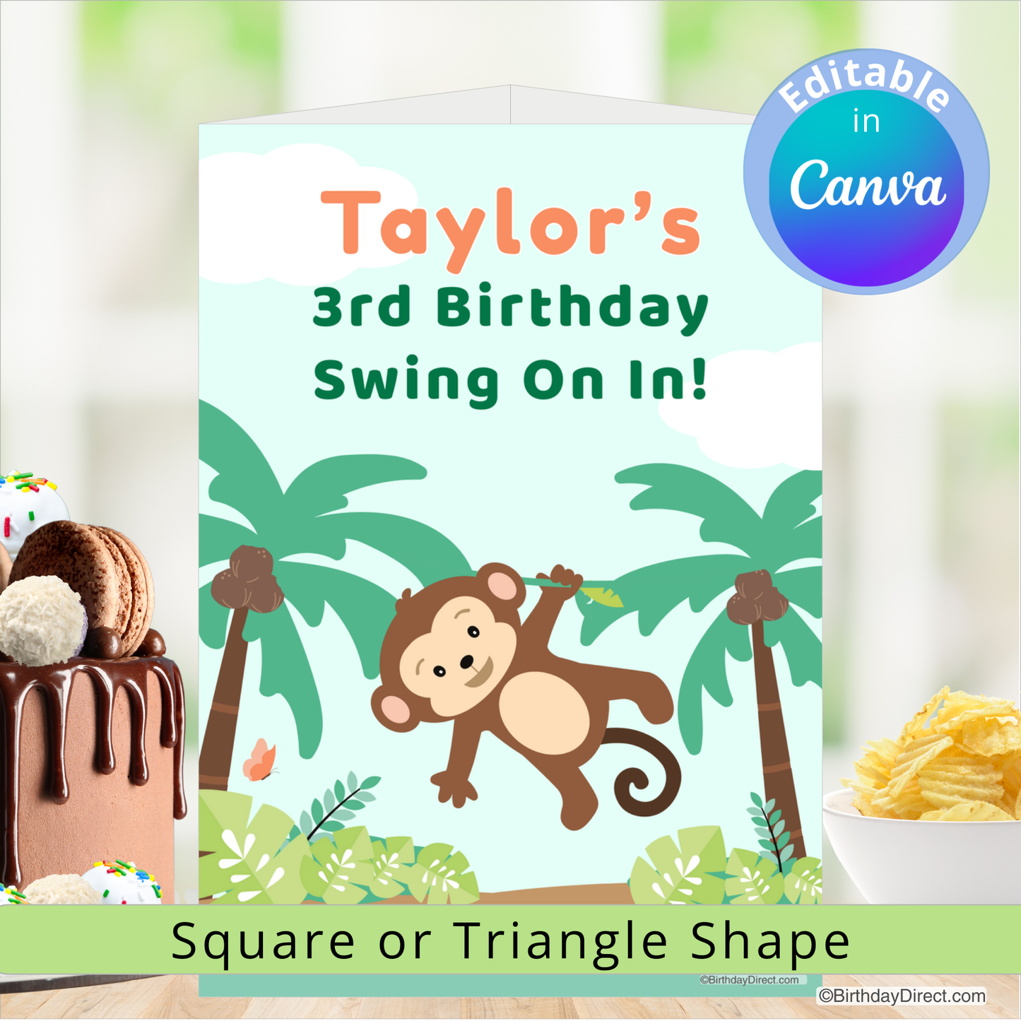 Birthday centerpiece decoration with monkey and palm trees, featuring 'Taylor's 3rd Birthday Swing On In!' text.