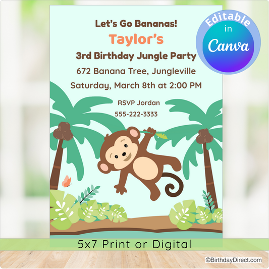 Birthday party invitation with monkey and palm trees, featuring editable text in Canva.