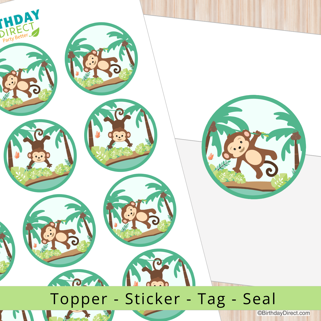 Circular monkey-themed toppers with palm trees on a white background, featuring Birthday Direct branding.