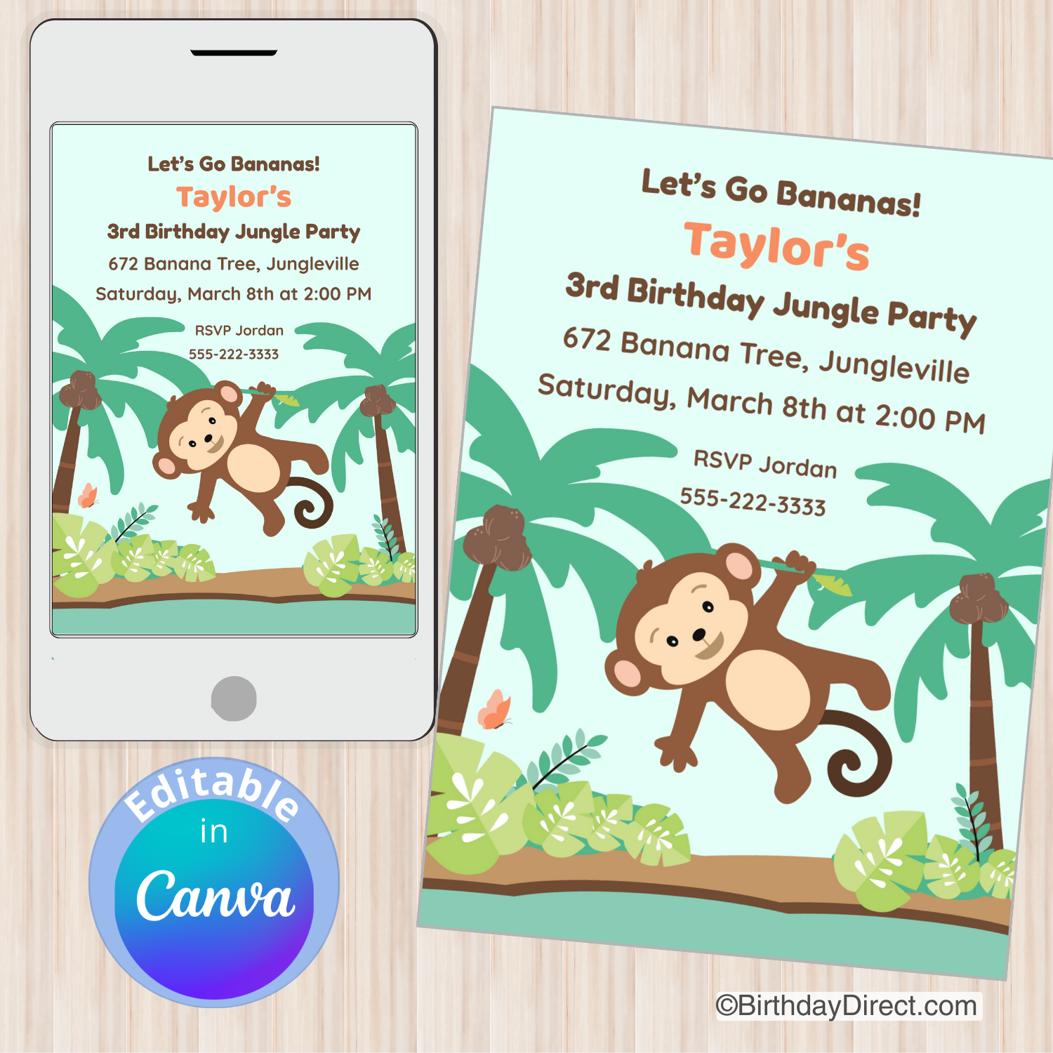 Jungle-themed birthday party invitation with monkey and palm trees on a smartphone and paper.