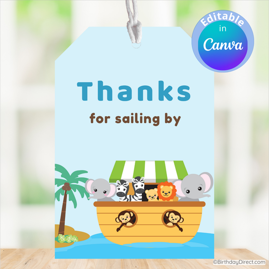 Gift tag with cartoon animals in a boat and 'Thanks for sailing by' text on a blue background.