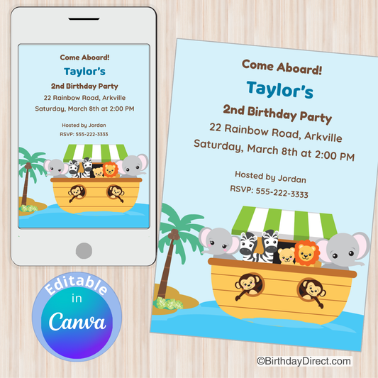 Birthday party invitation with cartoon animals on a boat, displayed on a phone and paper.