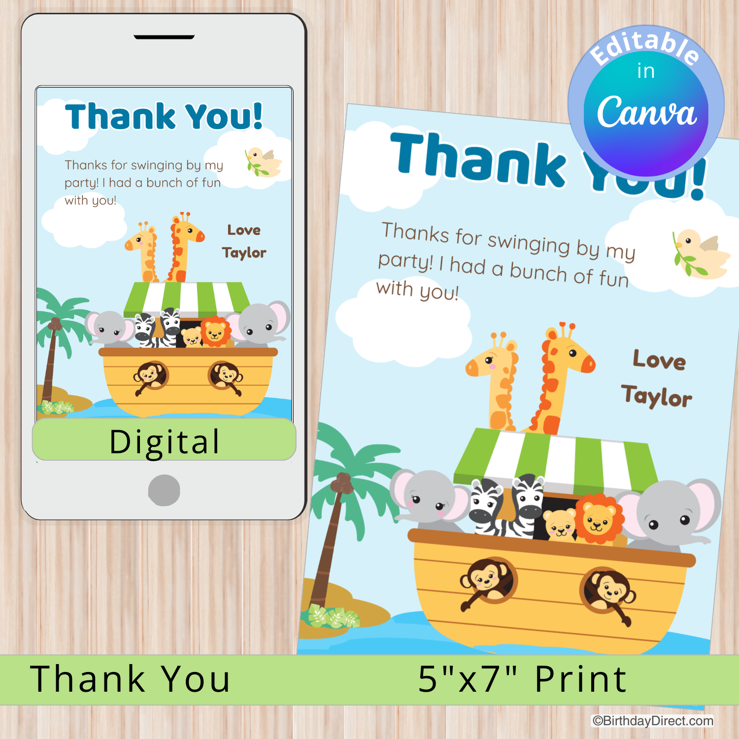 Children's party thank you card with digital and print options on a wooden surface.