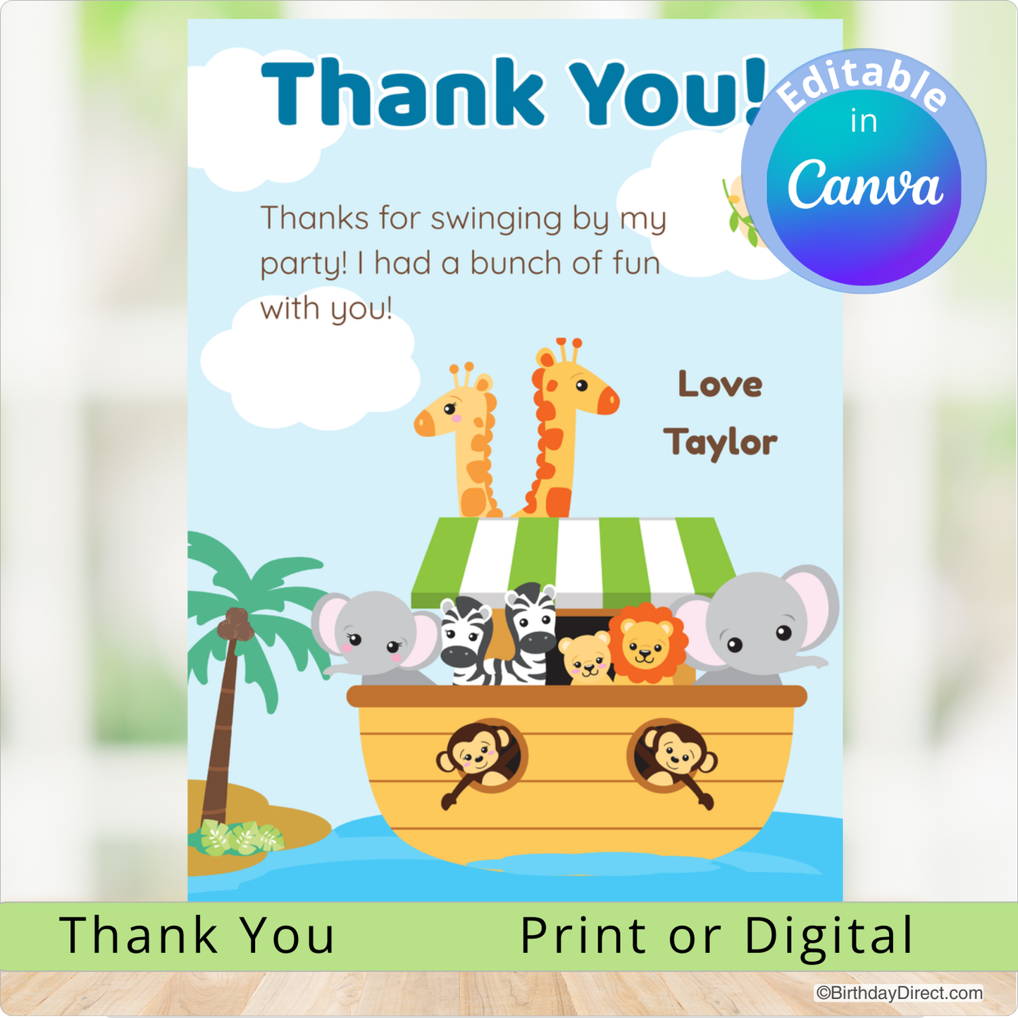 Children's thank you card with cartoon animals on a boat, featuring the text 'Thank You! Thanks for swinging by my party! I had a bunch of fun with you! Love Taylor'.
