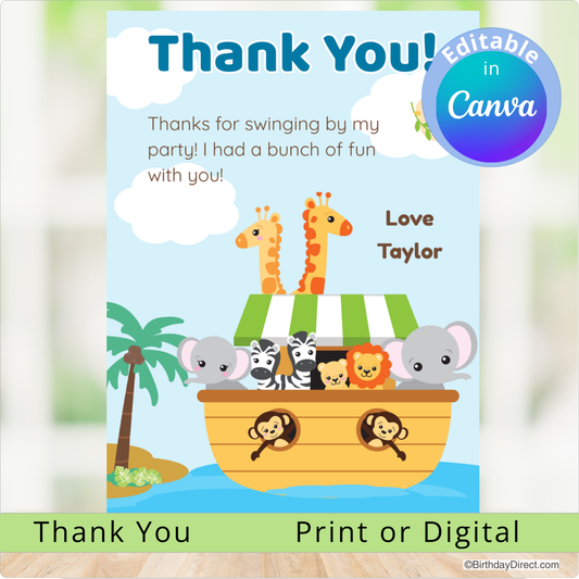 Children's thank you card with cartoon animals on a boat, featuring the text 'Thank You! Thanks for swinging by my party! I had a bunch of fun with you! Love Taylor'.