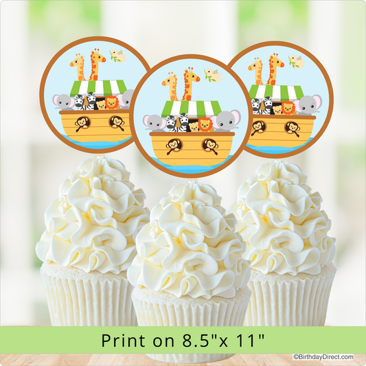 Cupcakes with animal-themed toppers on a light background