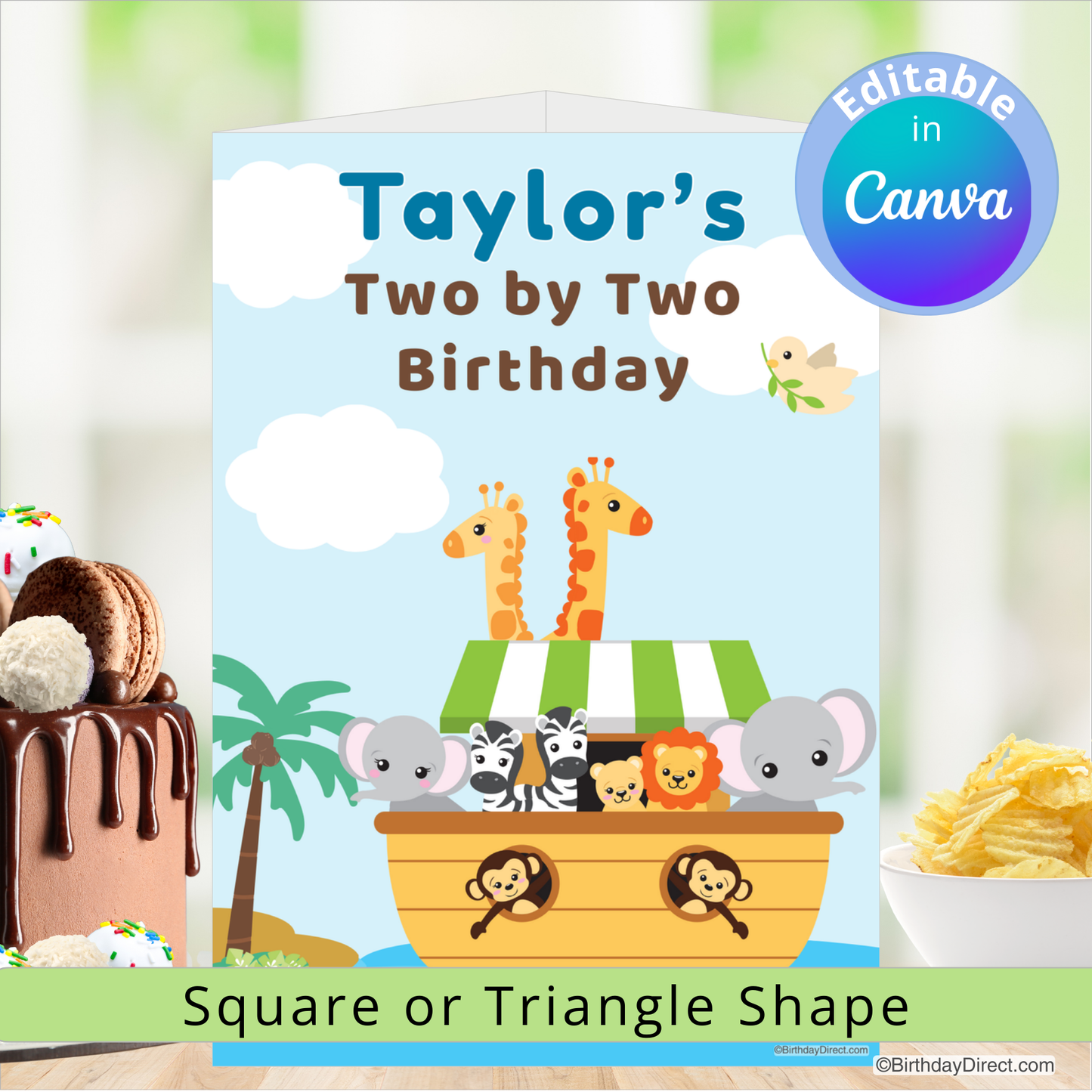 Birthday centerpiece decoration with Noah's Ark design, cake, and snacks on a white background.