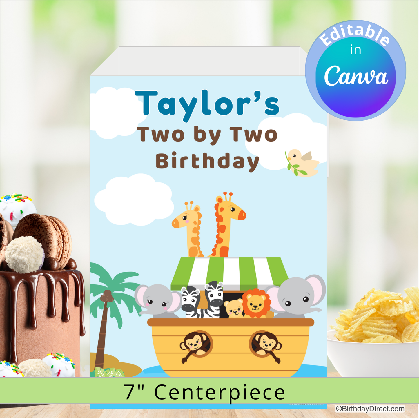 Noah's Ark birthday centerpiece with animals and a cake on a light blue background, featuring the text 'Taylor's Two by Two Birthday'.