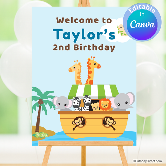 Birthday party poster with a Noah's Ark design featuring animals on a blue background.