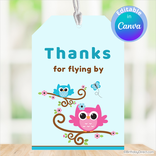 Card with cartoon owls and text 'Thanks for flying by' on a light blue background.