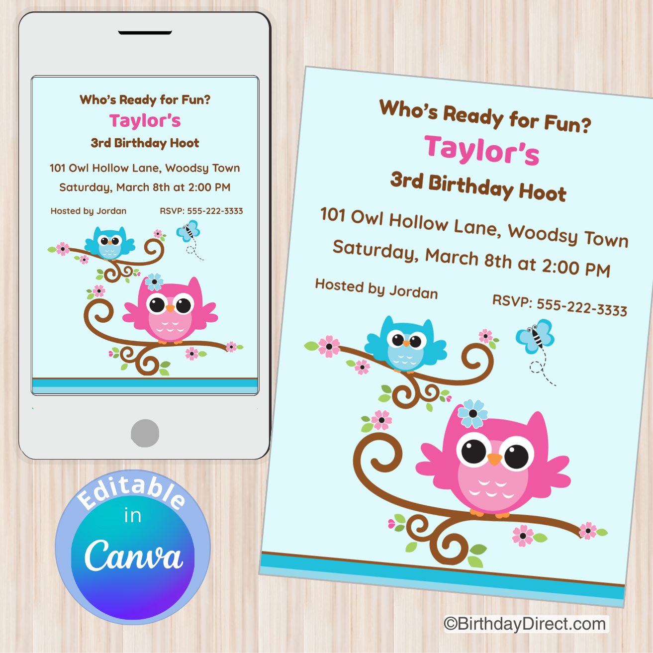 Birthday invitation card with owls on a branch next to a smartphone displaying the same design.