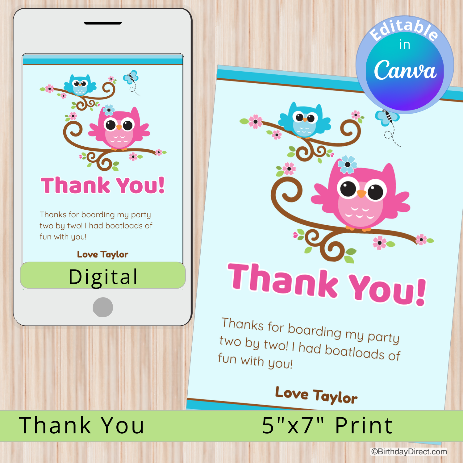 Digital and print thank you card with owls on a wooden surface