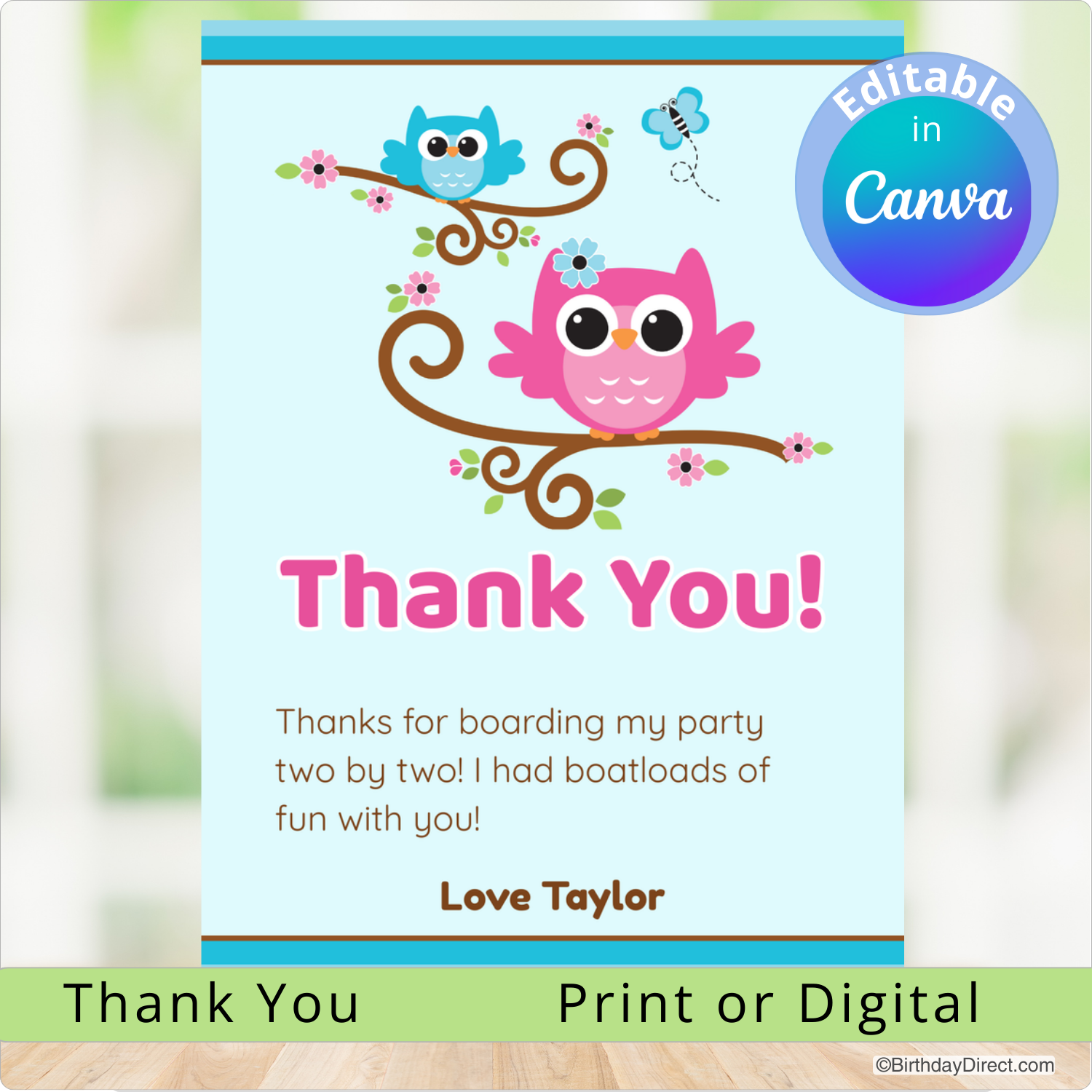 Thank you card with colorful owls and editable text feature on a light blue background.