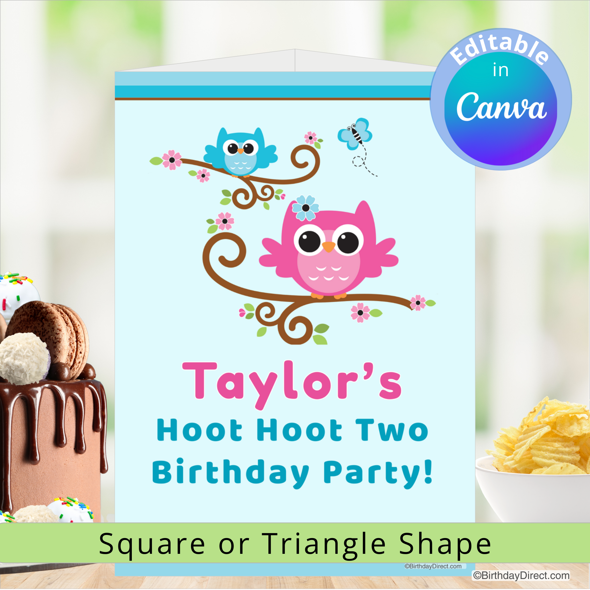 Birthday centerpiece decoration owls and editable text for a birthday party, featuring a cake and snacks on a blurred background.
